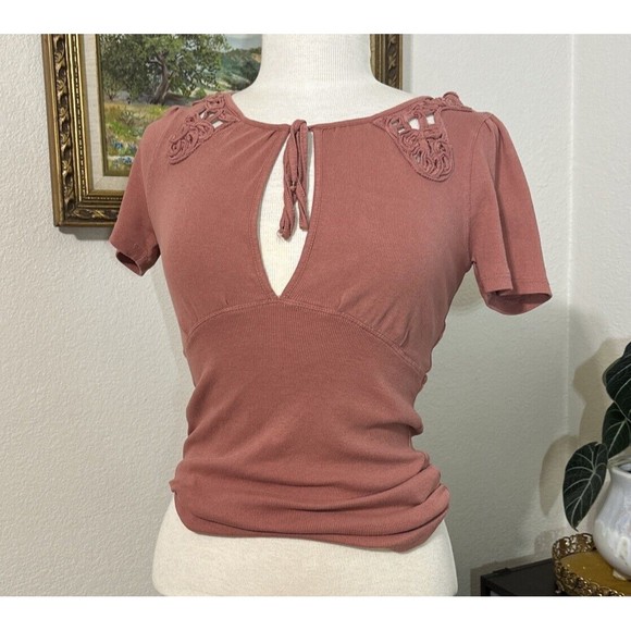 Free People Ribbed Knit Crochet Blouse Pink size Small - Picture 1 of 16